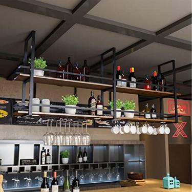 Imagem de Prateleira suspensa de teto com guarda-corpo – Suporte de armazenamento de 2 camadas com tábuas de madeira, suporte de exibição de metal para garrafa de vinho, plantas e livros, para decoração de
