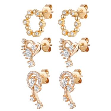 Imagem de Gemsme Conjunto de 3 pares de brincos pequenos de ouro para mulheres/homens, banhados a ouro 18 K, hipoalergênicos, delicados, zircônia cúbica para presente de joias, Latão, Zircônia cúbica