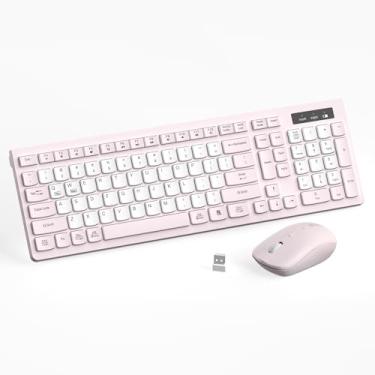 Imagem de Combo de teclado e mouse sem fio, teclado sem fio de tamanho completo e mouse DPI ajustável, receptor USB de 2,4 GHz, teclado e mouse para PC, Windows, desktop, laptop (rosa e branco)