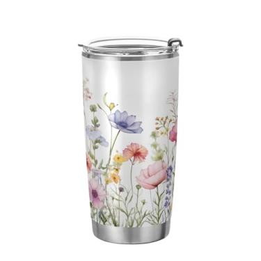 Imagem de xigua Copo de flores silvestres de jardim aquarela com tampa de palha, caneca de viagem a vácuo de parede dupla, caneca de café bem isolada, copo de aço inoxidável para bebidas quentes e frias, 600 ml