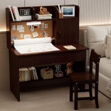 Imagem de RUPOLX Wooden Espresso Kids Study Desk and Chair Set with Light, Paper Roll Dispenser and 2 Drawers, Children Desk with 3 Open Hutch and Shelves, Girls Study Desk for Kids Bedroom-003