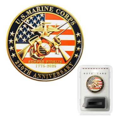 Imagem de US Marine Corps 250th Anniversary Commemorative 1.77" High-Relief USMC Collectible with Gift Box, Protective Capsule, Display Stand & Info Card Tribute for Marines & Veterans (Marine Corps-1)