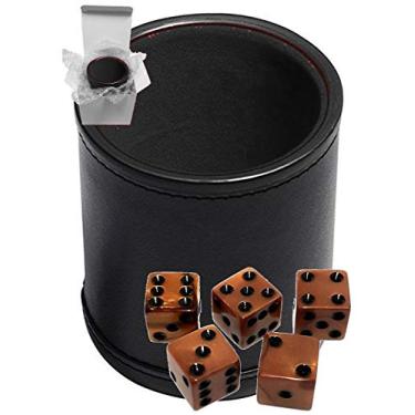 Imagem de Cyber-Deals conjunto de dados olímpicos perolados de 16 mm e taça de dados forrada com veludo de couro PU preto (caixa de presente) (dados de bronze, bojo de forro preto)