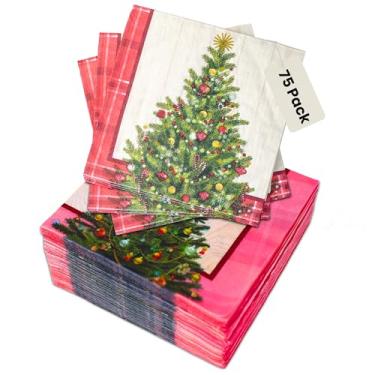 Imagem de Iconikal Guardanapos de festa de papel descartáveis de 75 unidades aconchegante árvore de Natal 16,5 x 16,5 polegadas jantar festivo madeira xadrez design pacote a granel