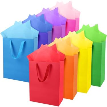 Imagem de MIMIND Pacote com 16 sacos de presente arco-íris tamanho grande 33 x 25 x 10 cm com alças sacos de presente de papel colorido com 32 folhas de papel de seda para aniversário, chá de bebê, casamento