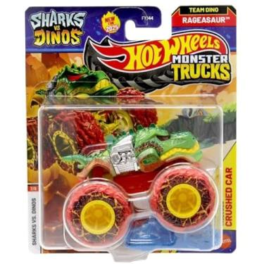 Imagem de Hot Wheels Monster Trucks Sharks vs Dinos, 1:64 Scale Die-Cast Vehicle Collection, 2025 Edition (7/8 Team Dino Rageasaur Red Wheels)