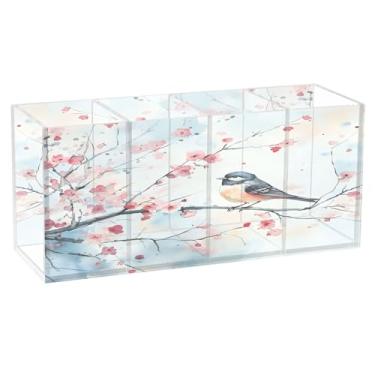 Imagem de SEHANY Lindo porta-canetas de acrílico com flores em aquarela, pássaro, 4 compartimentos, porta-lápis transparente, organizador de pincéis de maquiagem, organizador de papelaria para escritório, casa