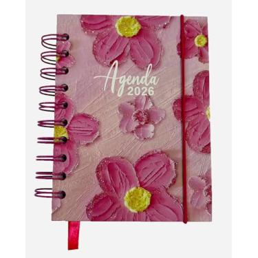 Imagem de Agenda 2026 Capa Dura Espiral, Estampa Flores Variadas Coloridas, 168 folhas, Com Elástico e Marcador de Página. 14X10 cm. (Roxo-magenta)