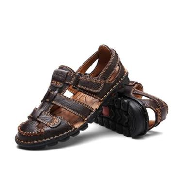 Imagem de OJPO Sandálias masculinas de couro para dirigir, bico fechado, feitas à mão, sandálias de trilha para homens, respiráveis e masculinas, sandálias de couro PU, Fba1322-marrom, 6 Wide