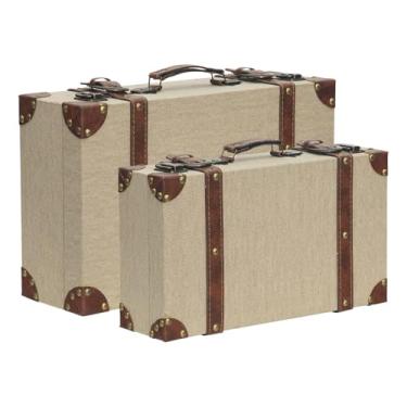 Imagem de UPPER DECOR Conjunto de 2 caixas de viagem de madeira vintage de linho – caixas de lembrança decorativas de couro retrô com alça, caixas de decoração rústica de casa de fazenda para casa, sala de