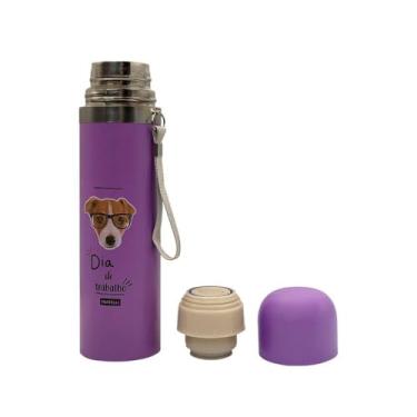 Imagem de Garrafa Térmica Inox com Estampa de Cachorro, Roxo, 480ml, Sistema Antivazamento, com Alça