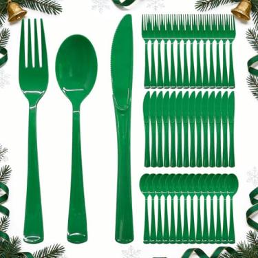 Imagem de 300 peças de talheres de plástico verde, utensílios verdes descartáveis para serviço pesado, inclui 100 garfos de plástico, 100 facas, 100 colheres para aniversário, piquenique, Natal, Dia de São