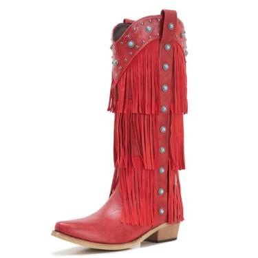 Imagem de ZXHYZLZ Botas femininas de caubói com franjas vermelhas com detalhes turquesa cravejados – Botas de puxar na altura do joelho ocidental com salto bloco e bico fino, estilo rodeio, Vermelho, 41
