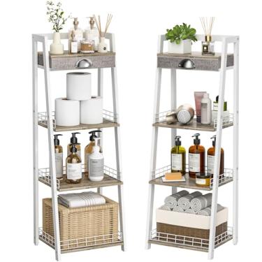 Imagem de keomaisyto Prateleira de escada de banheiro retrô de 4 camadas com gaveta, prateleira de torre independente, unidade de prateleira aberta para banheiro, sala de estar, varanda (branca)