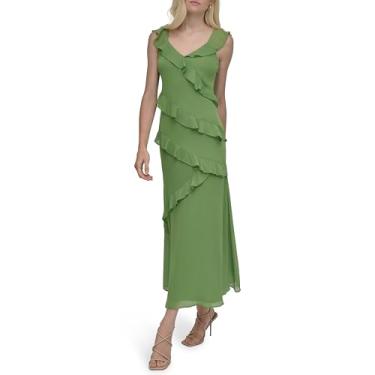 Imagem de DKNY Vestido maxi feminino sem mangas com decote em V e babados, Limão salgado, 40