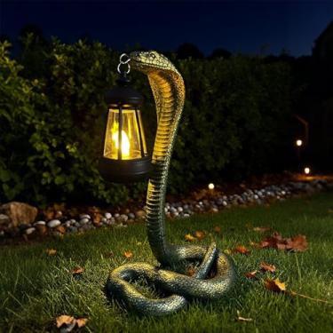 Imagem de QZJDDZSW Estátuas de jardim, cobra com lanterna solar, estatuetas de cobra ao ar livre, decorações de quintal, decorações de terror de Halloween, presentes de inauguração de casa para aniversário, dia