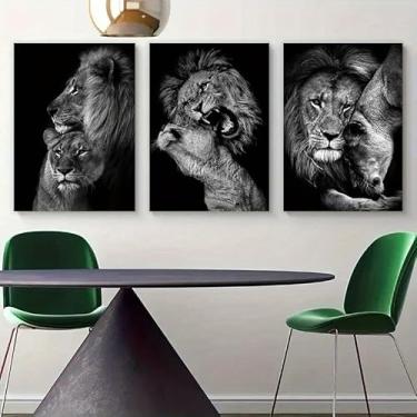 Imagem de Arte de parede em tela de família de leão, pôsteres modernos de animais pretos e brancos, conjunto sem moldura para decoração de corredor de quarto, sala de estar, 30 cm x 45 cm