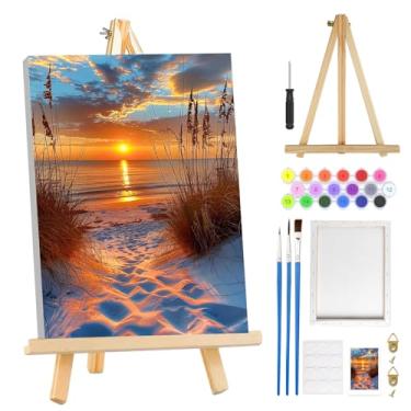 Imagem de MOGTAA Kit de pintura de paisagem por números para adultos iniciantes com moldura, kits de pintura de praia para adultos por números em tela com cavalete, kits de pintura a óleo DIY pôr do sol fáceis