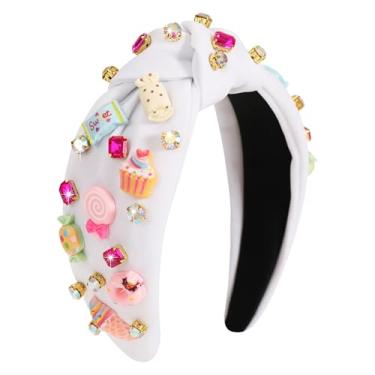 Imagem de Gmmidea Tiara feminina com nó de doce, fofo, arco-íris, pirulito, cupcake, faixa de cabelo com contas, nó largo, faixa de cabelo de aniversário, acessórios de cabelo doce doce