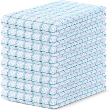 Imagem de Homaxy Toalhas de cozinha 100% algodão pacote com 8 - 38 x 63 cm, toalhas de chá de mão de trama de waffle com design xadrez, toalha de prato super macia e absorvente para secar pratos, azul-petróleo
