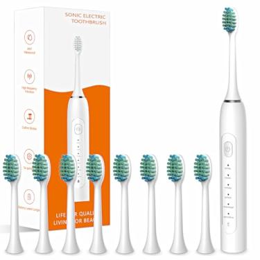 Imagem de Escova de dentes elétrica sônica impermeável para adultos – 6 modos com sensor de pressão, temporizador inteligente, escovas de dentes recarregáveis com 8 cabeças de escova, clareamento e cuidados com