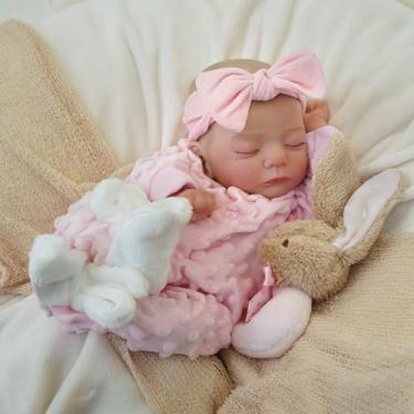 Imagem de Bebê Reborn Boneca Corpo de Silicone Menina Dormindo Rosa Realista Pintado Original 48cm com Acessórios (Coelho Rosa)