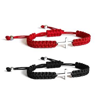 Imagem de Panifio Pulseiras de cruz de aço inoxidável ajustáveis feitas à mão trançada da sorte para homens e mulheres pulseiras combinando para casais, Metal, Sem pedras preciosas