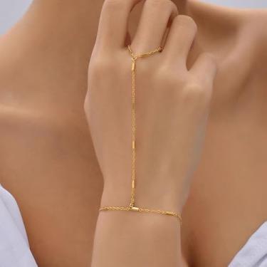Imagem de Pulseiras de ouro com corrente de mão para mulheres, anel moderno, corrente de mão, pulseira delicada, joias de mão, presentes, Medium, Latão, Sem Pedra Preciosa