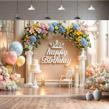 Imagem de NYMB Pano de fundo pastel de feliz aniversário, fundo de festa com arco de coroa floral, decoração de cabine de fotos para meninas, mulheres, aniversário, chá de bebê/festa temática de princesa, 2,1 x