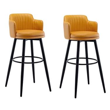 Imagem de Banquetas giratórias, conjunto de 2 bancos de bar, com encosto de cozinha, ilha, bar, altura do balcão com braços, couro napa, pernas de metal, preto, apoio para os pés, para pub, casa, bar, sala de