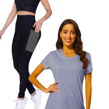 Imagem de Conjunto CAMISETA Blusinha DRY MALHA FRIA POLIAMIDA + Calça LEGGING BOLSOS Academia Fitnes 534-Feminino