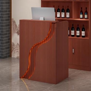 Imagem de Mesa de recepção, balcão frontal com gaveta com trava, mesa de caixa com luzes LED, balcão de varejo para caixa, saguão, salão de beleza, mesa de escritório em casa (cor teca, 100 x 40 x 96 cm)
