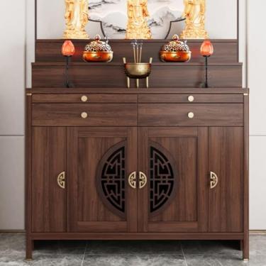 Imagem de Mesa de altar budista com armazenamento, santuário pessoal para meditação e oração, nicho de madeira para sala de estar, decoração de casa de 133 cm, design de muertos