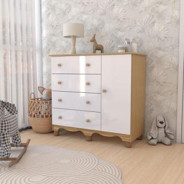 Imagem de Cômoda Infantil Sueño 1 Porta 4 Gavetas 100% Mdf Branco Brilho/Amêndoa
