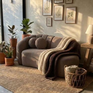 Imagem de Sofá Curvo 3 Lugares Orgânico Confortável Serena Boucle Cappuccino - Montanari`s Decor