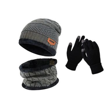 Imagem de Kit de Inverno OEM Geométrica em 100% Lã Antialérgica Adulto Cinza com Luva Touch Touca Forrada e Protetor de Pescoço