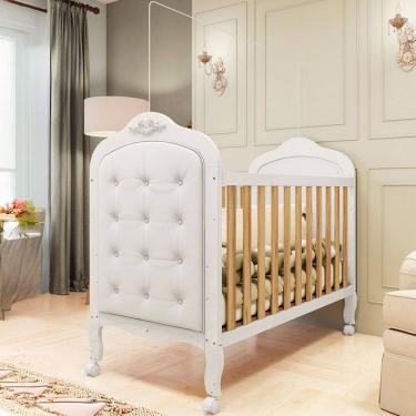 Imagem de Berço Elô Minicama 3 em 1 com Capitonê 100% Mdf Branco Brilho/Amêndoa/Corino Branco - Móveis Peroba