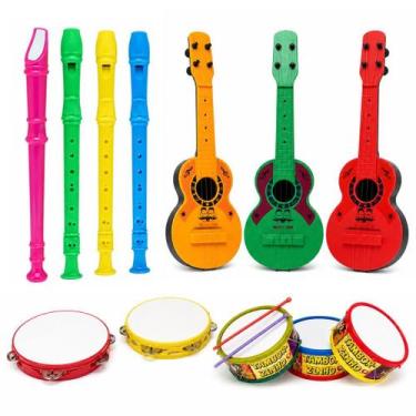 Imagem de Kit 4 Instrumento Musical Pandeiro Flauta Violão E Tambor - TMC