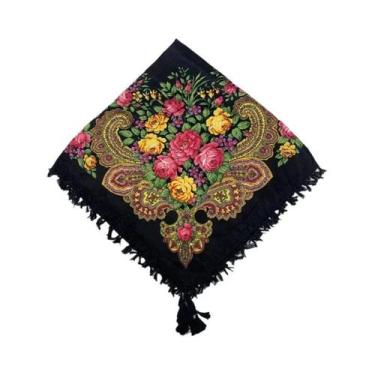 Imagem de Lenço Quadrado Floral Feminino 90x90cm Com Franjas Estilo Russo Ucrani