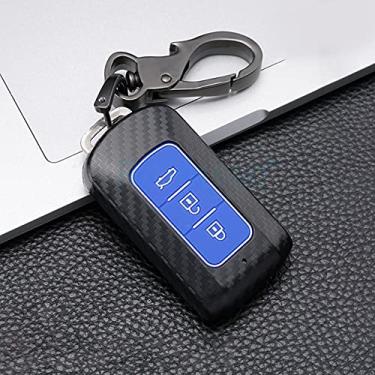 Imagem de YJADHU Porta-chaves de carbono porta-chaves tampa do estojo da chave do carro, adequado para Mitsubishi Outlander 3 Lancer 10 L200 Asx Colt Pajero Sport Eclipse Cross, 3 botões azul