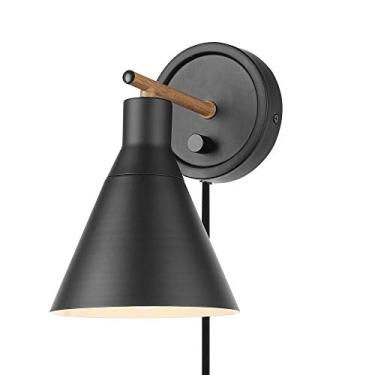 Imagem de Globe Electric Arandela de parede 51725 Tristan 1-Light regulável plug-in ou hardwire, fosco, destaque de nogueira falsa, interruptor rotativo de regulagem contínua, cabo de tecido preto