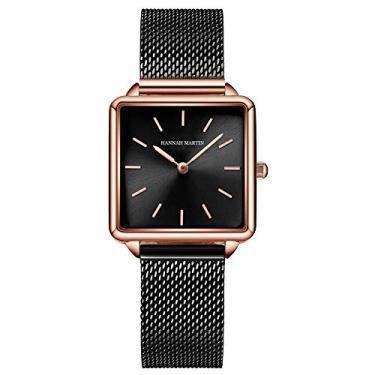 Imagem de HANNAH MARTIN Relógio de pulso feminino de quartzo com mostrador quadrado, casual, negócios, pulseira de malha de aço inoxidável, ouro rosa/prata, Preto, Relógio de quartzo, relógios de quartzo