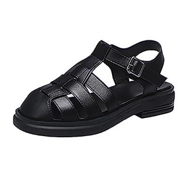 Imagem de Sandálias femininas elegantes verão 2023 primavera e verão novas sandálias romanas tecidas design francês retrô fivela tornozelo tira sandália anabela (preta, 35)