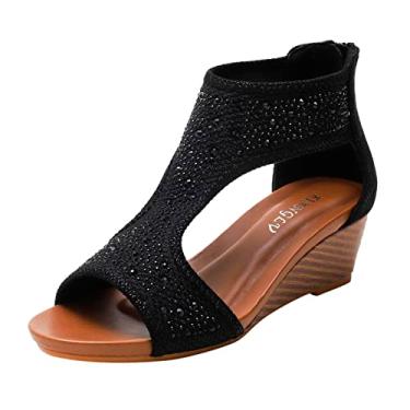 Imagem de Sandálias femininas plataforma moda primavera verão sandálias femininas salto anabela bico aberto respirável zíper traseiro confortável sólido (preto, 8)