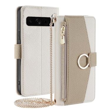 Imagem de PuRoxx Capa transversal para Google Pixel 8/Google Pixel 8 Pro, capa de couro com padrão de lichia, capa carteira feminina com suporte para cartão de crédito e mini espelho, branca, Pixel 8 Pro