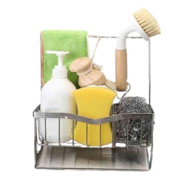 Imagem de Organizador de pia organizador de pia de cozinha suporte de esponja de cozinha cesta de drenagem de cama rack de pia com bandeja de gotejamento haste de pano removível rack de drenagem de cozinha de