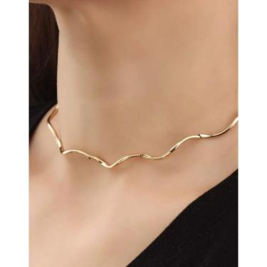 Imagem de Colar Choker Gargantilha Feminino Elo Aro Rígido Andulado Liso Dourado Folheado Ouro 18k Dourado Prata Tendência