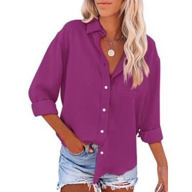 Imagem de siliteelon Camisas femininas com botões de algodão, manga comprida, gola V, túnicas casuais lisas com bolsos, Roxo, rosa, P