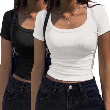 Imagem de Zeagoo Camisetas femininas de manga curta, casual, verão, básica, gola redonda, caimento justo, malha canelada para trabalho, Branco + preto, XXG