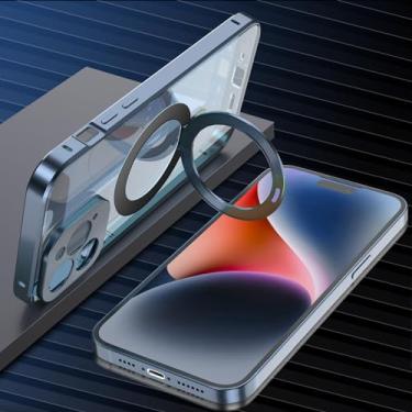 Imagem de YEXIONGYAN Capa de telefone de liga de alumínio de proteção total para iPhone 14 Pro Max/14 Pro/14 Plus/14 Plus/14 capa frontal de vidro temperado antiderrapante PC traseira magnética suporte de